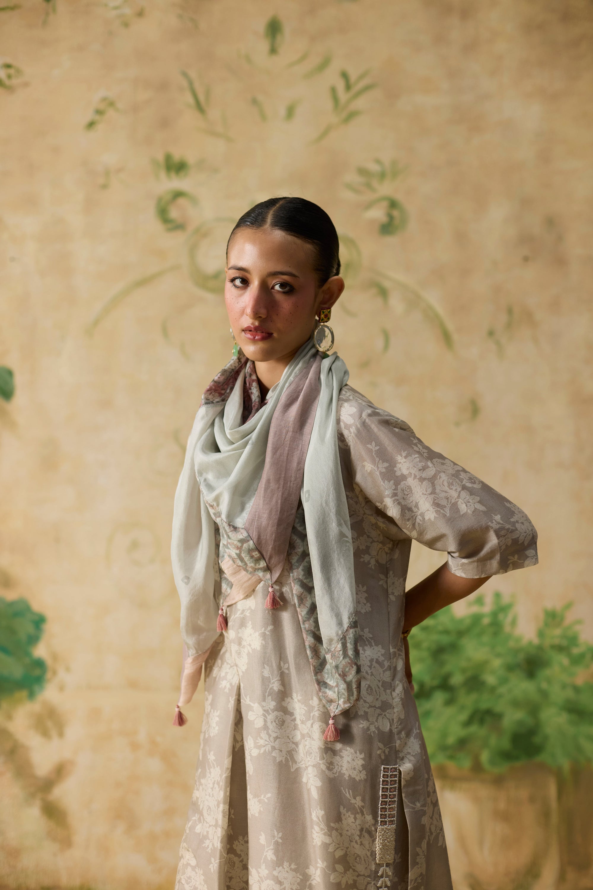 Fulard Kurta Set - Grey And Beige
