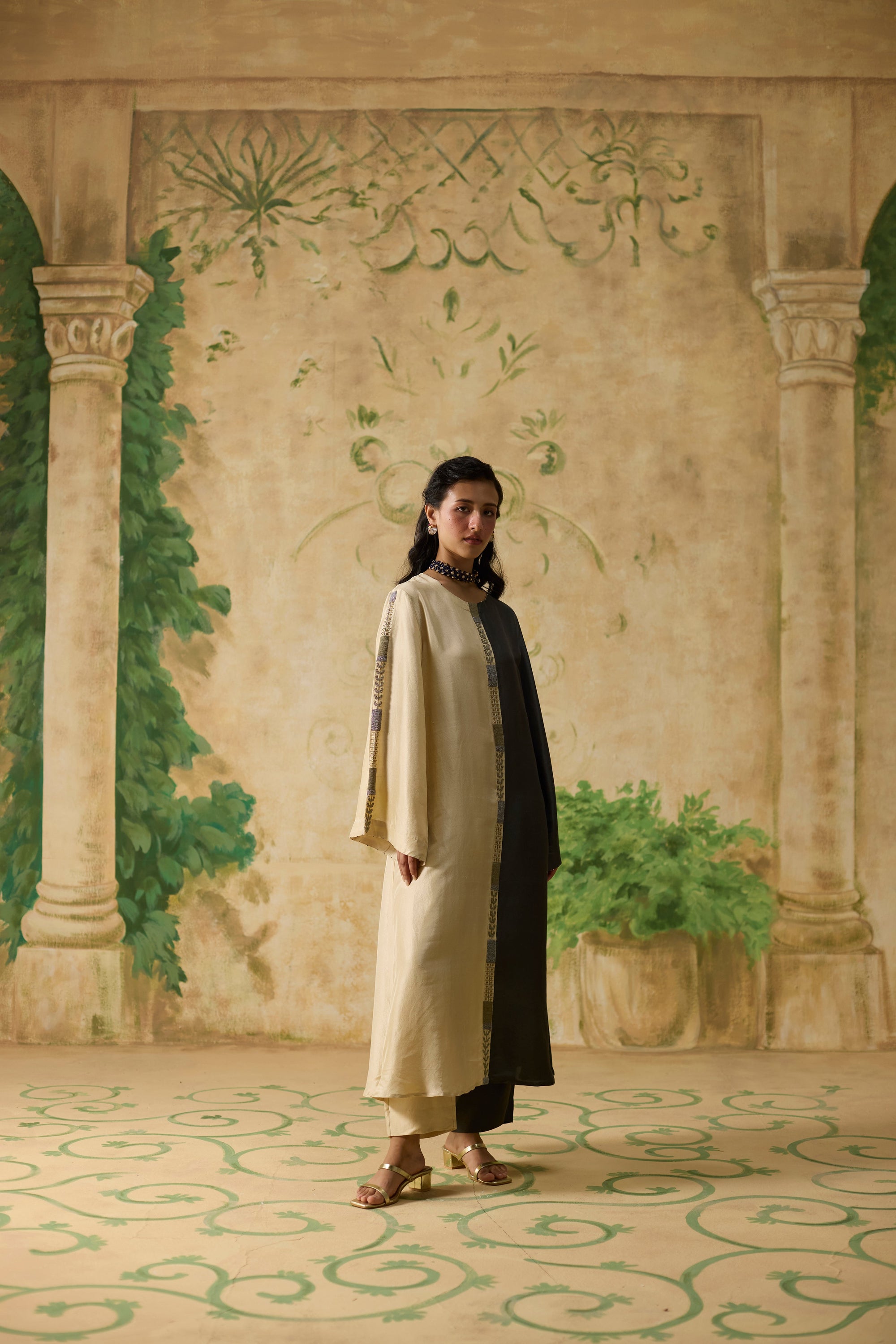 Twain Kurta Set - Charcoal Grey And Beige