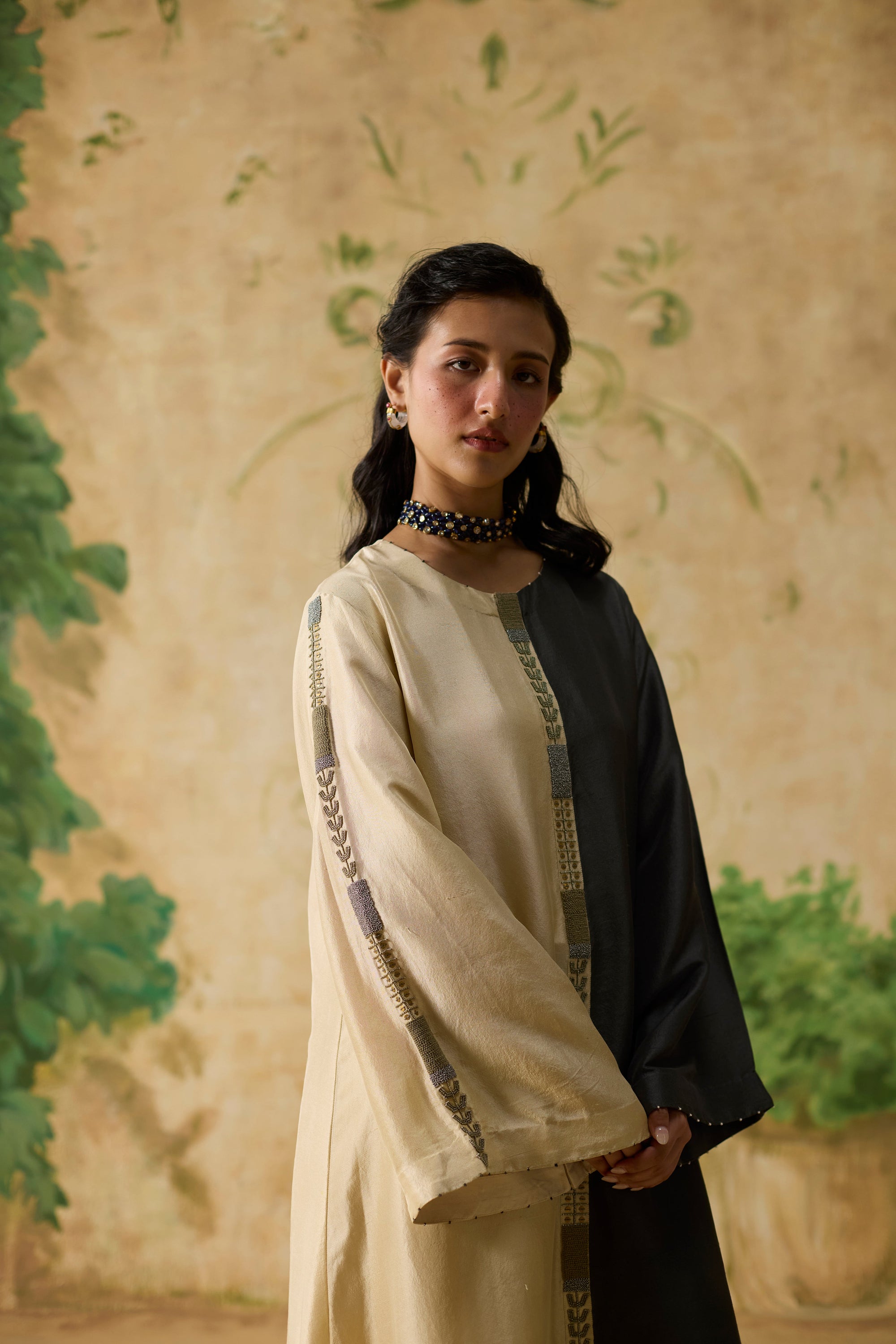 Twain Kurta Set - Charcoal Grey And Beige
