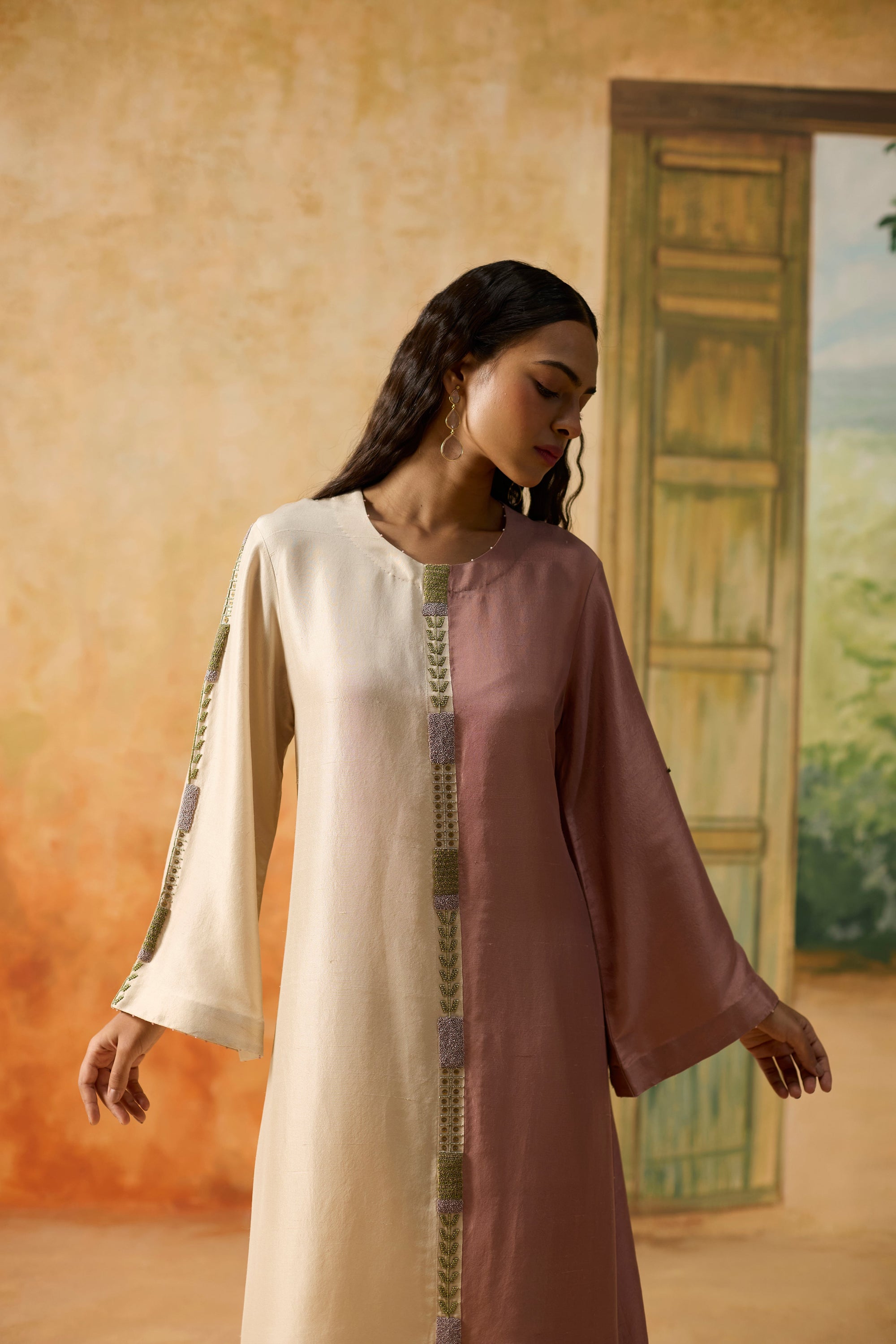 Twain Kurta Set - Pink And Beige