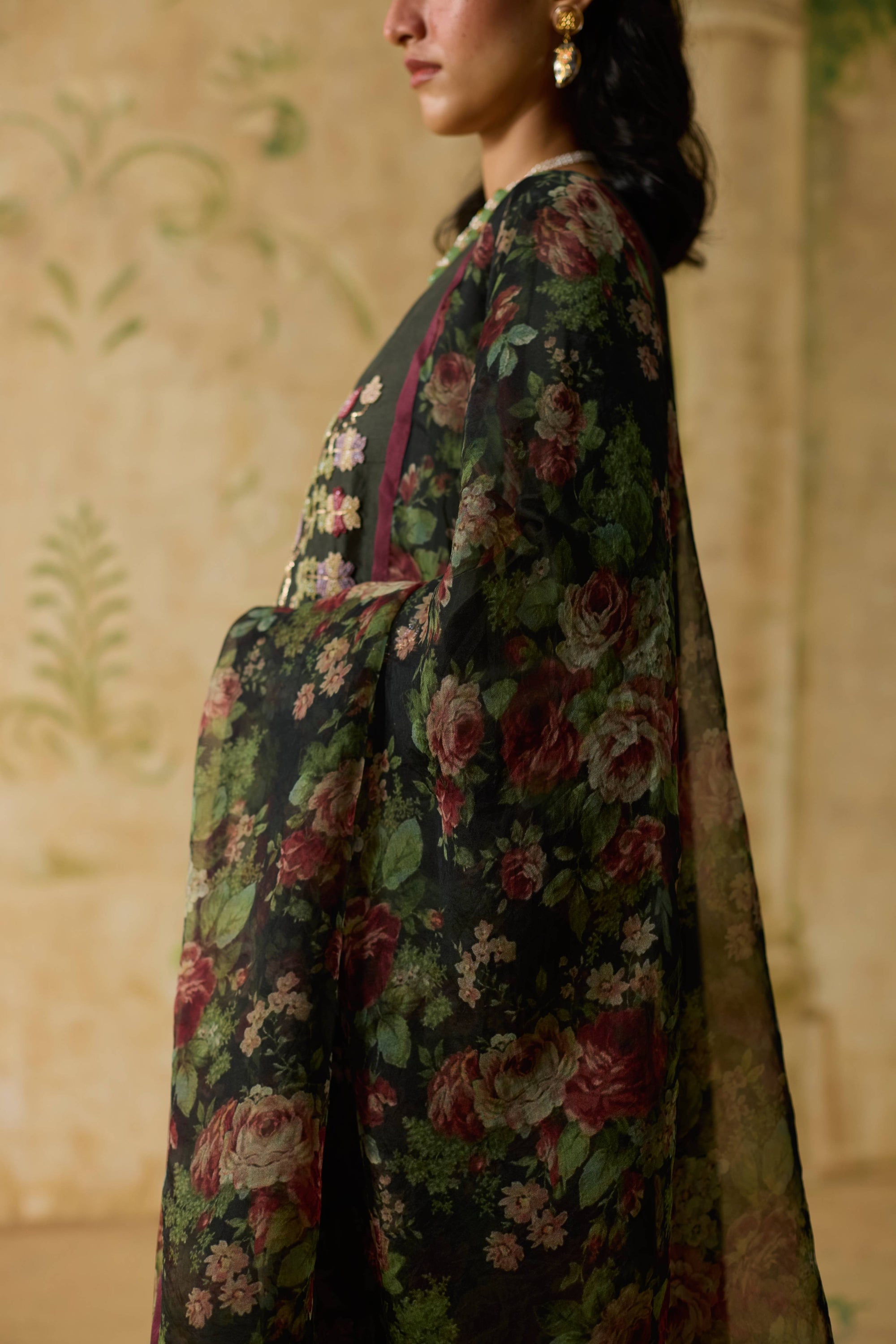 Orchid Dupatta - Charcoal Grey And Burgundy
