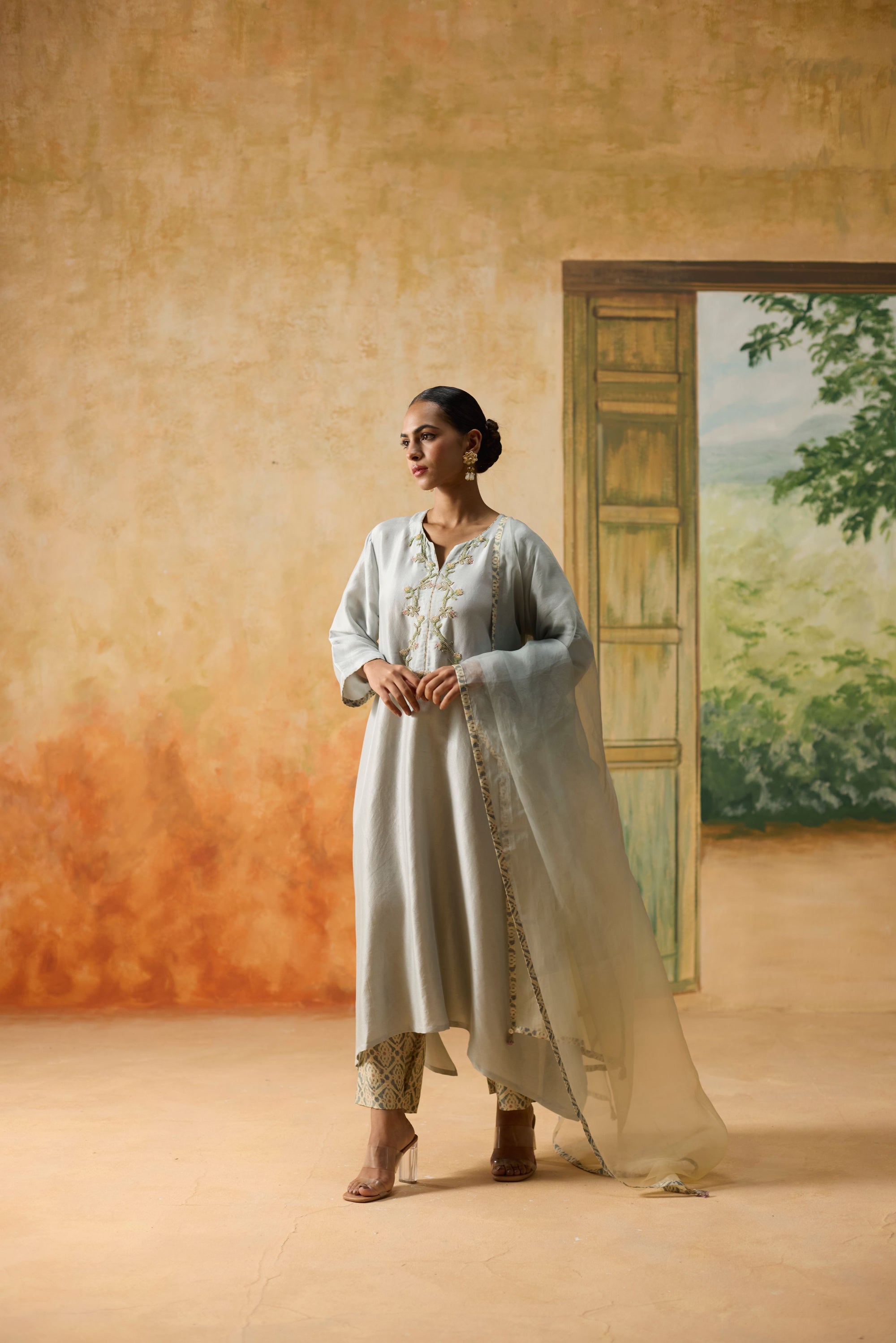Moor Dupatta - Mint Blue And Beige