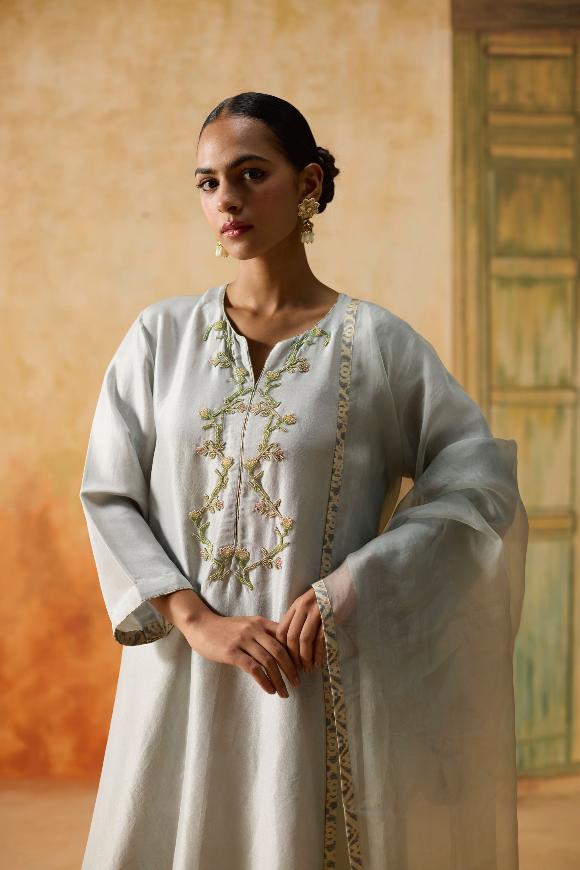 Moor Dupatta - Mint Blue And Beige