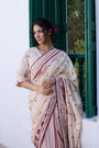Linden Saree  - Ecru and Red