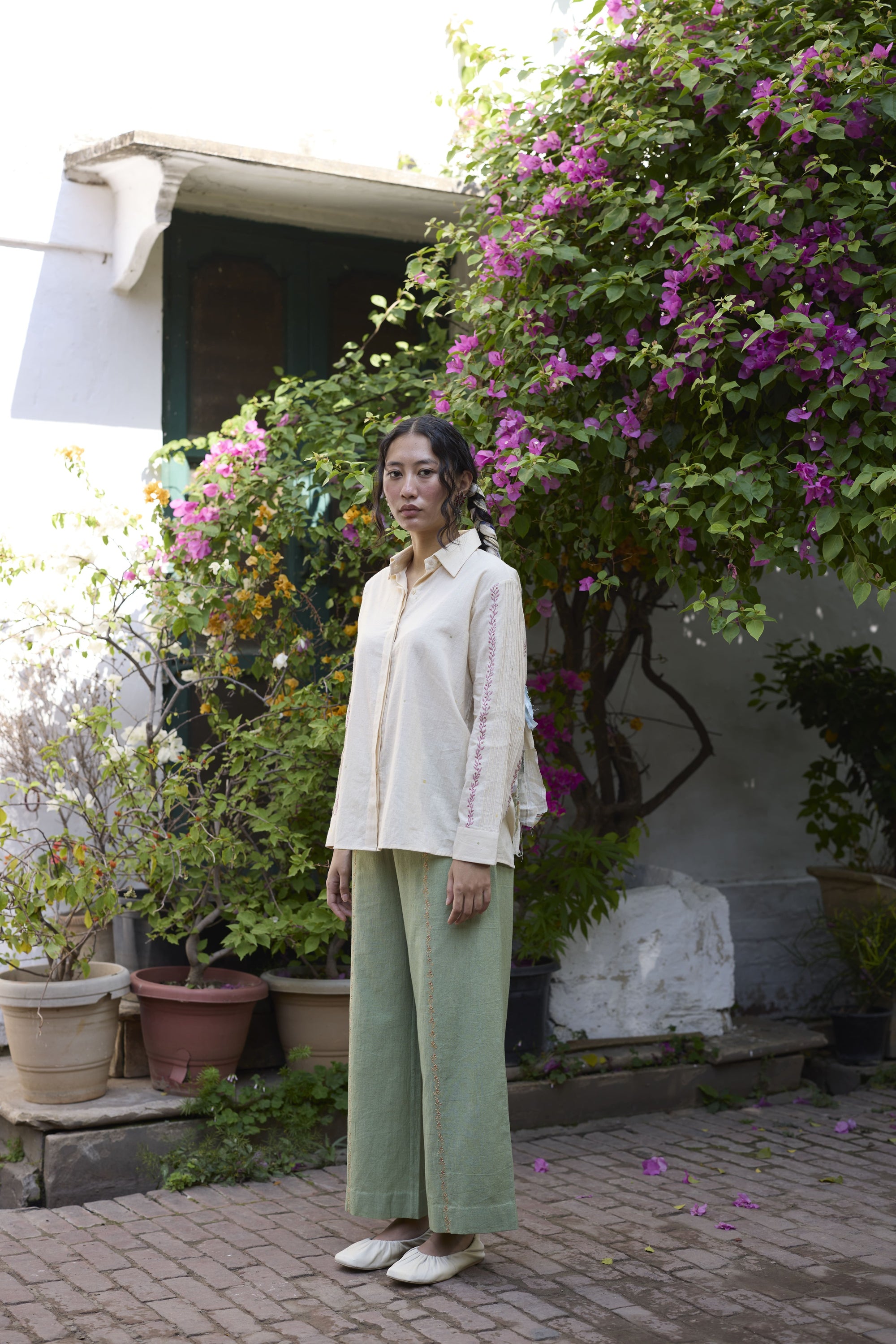 Elara Shirt- Ecru and Green