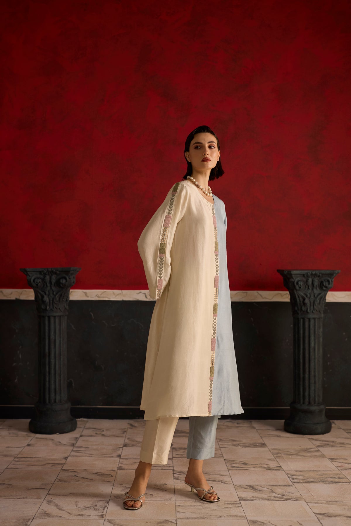 Twain Kurta Set- Beige and Blue