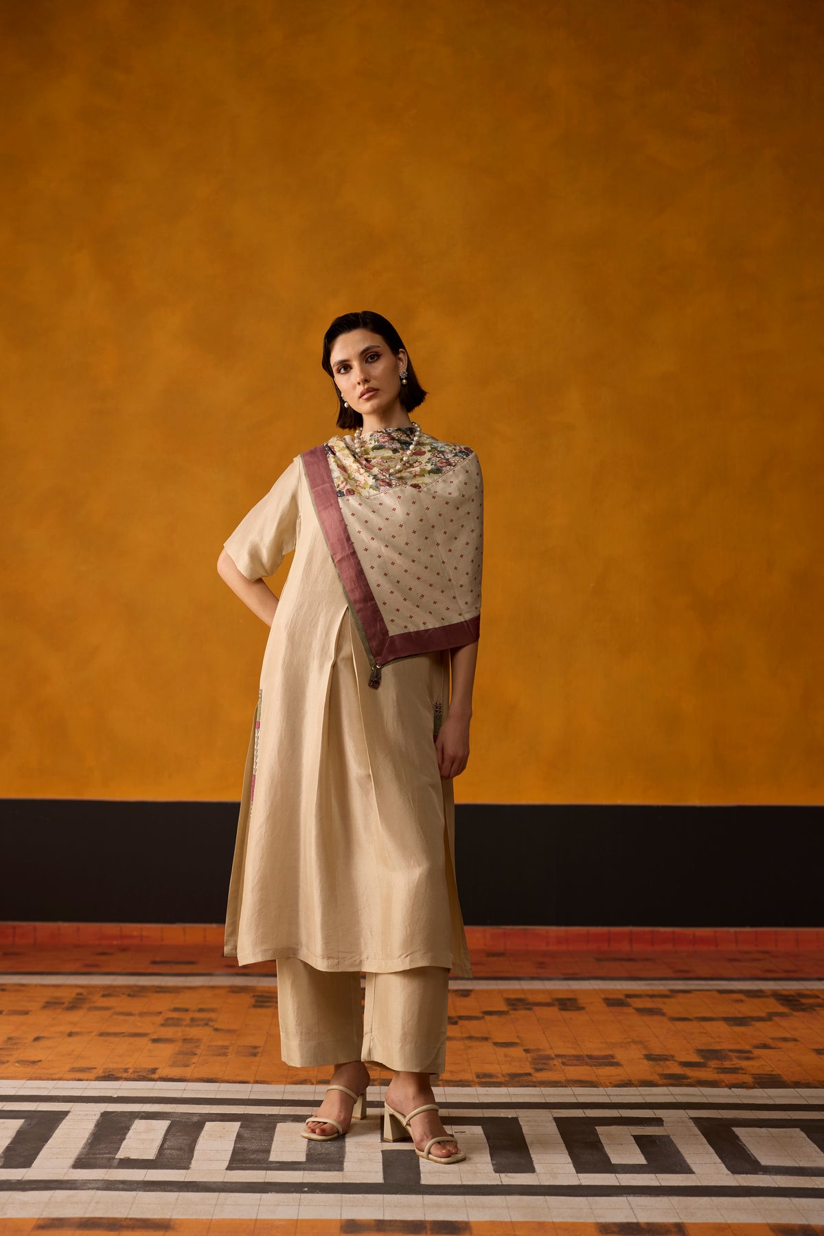 Fulard Kurta set- Beige