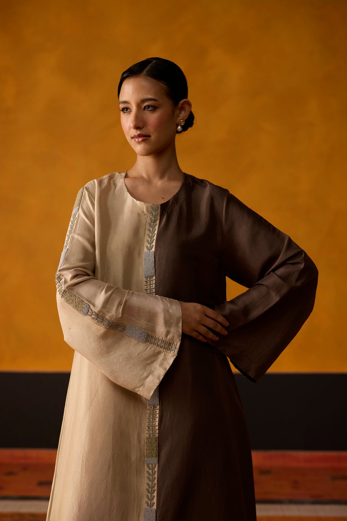 Twain Kurta Set- Beige and brown
