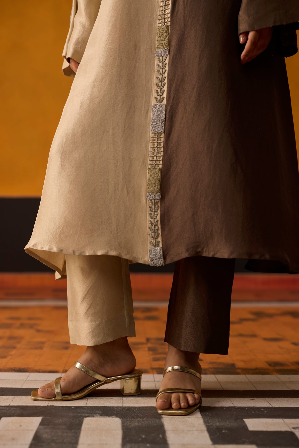 Twain Kurta Set- Beige and brown