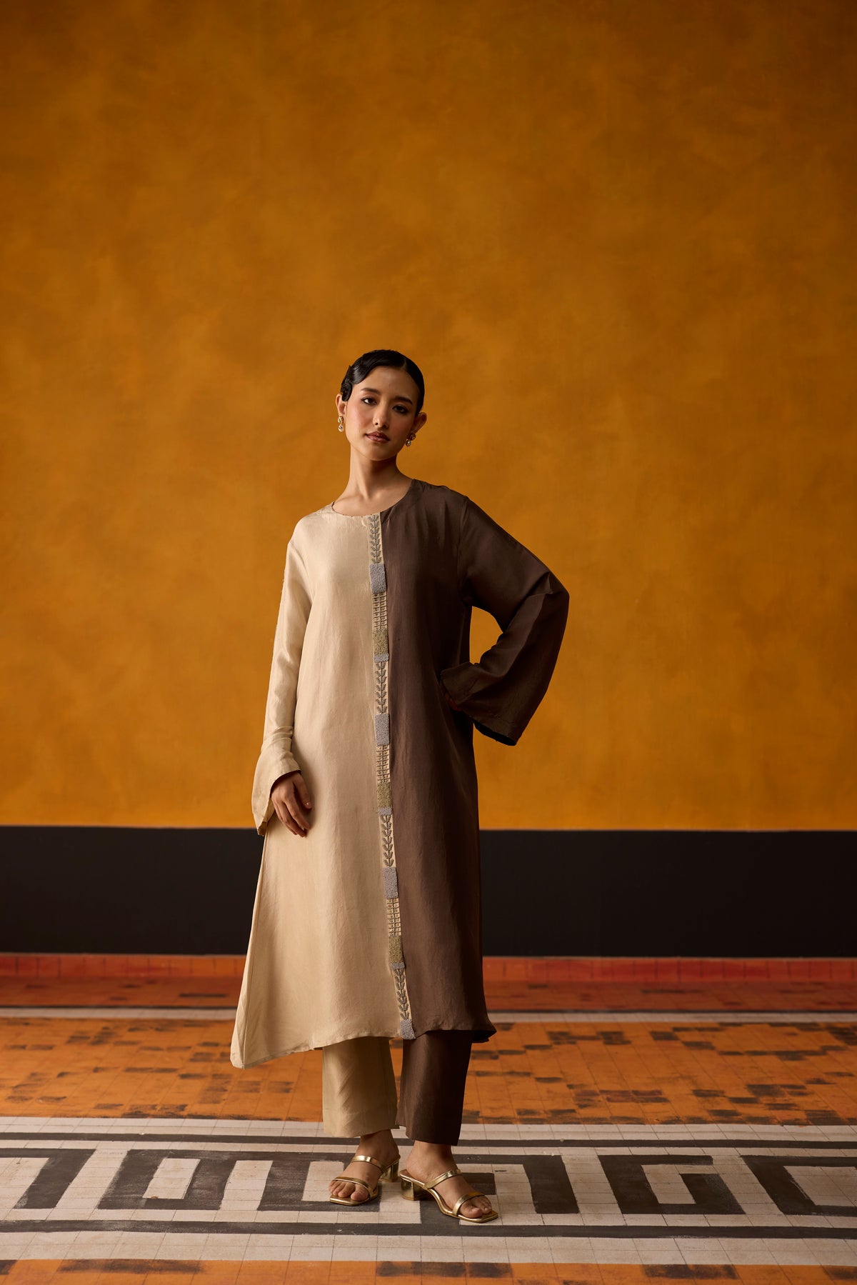Twain Kurta Set- Beige and brown