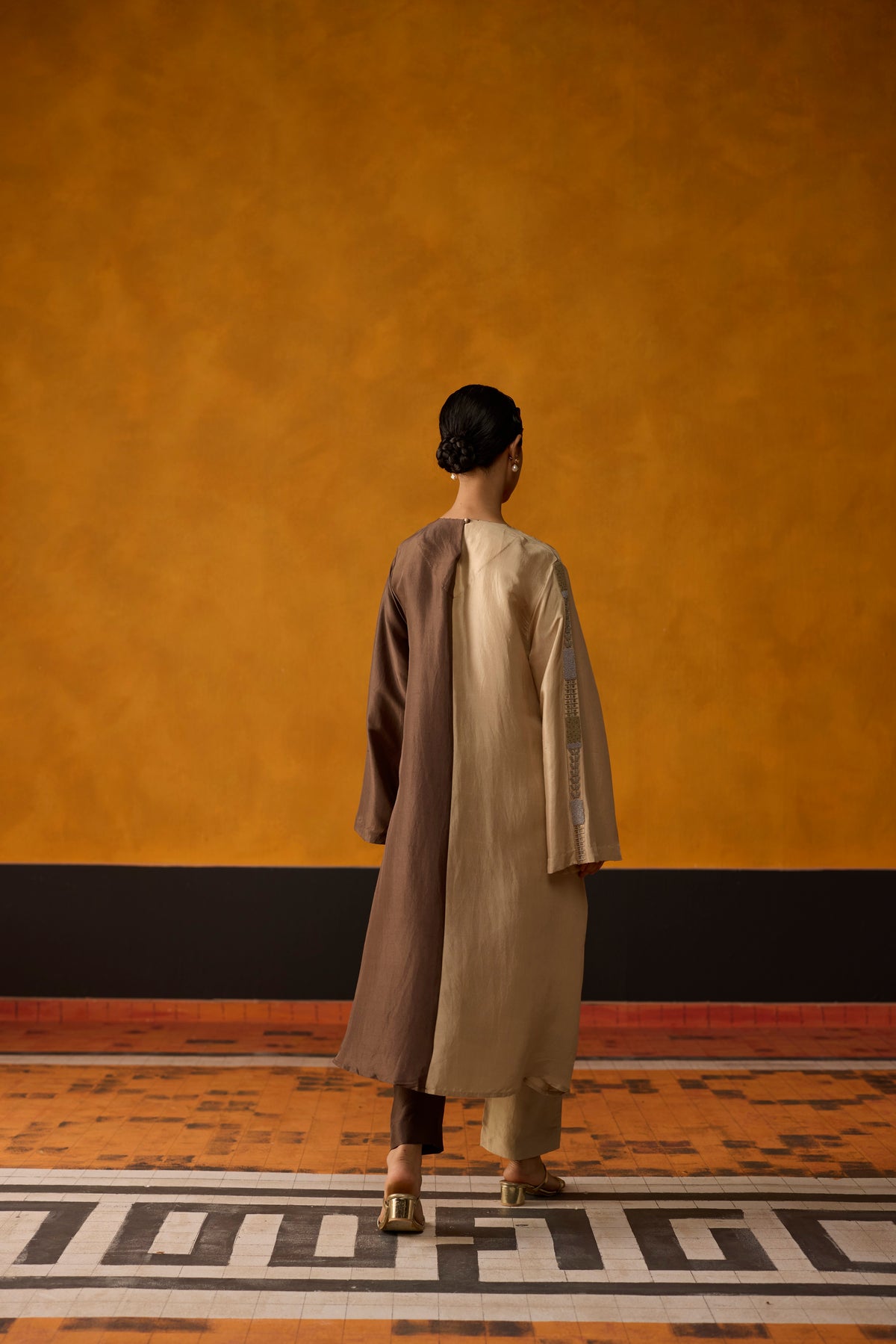Twain Kurta Set- Beige and brown